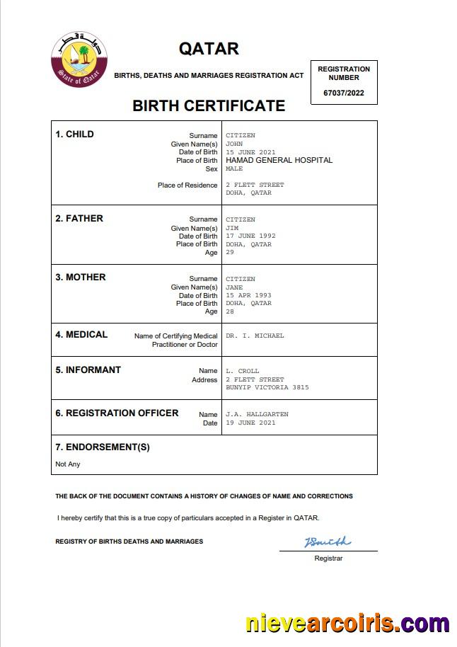 Qatar vital record birth certificate